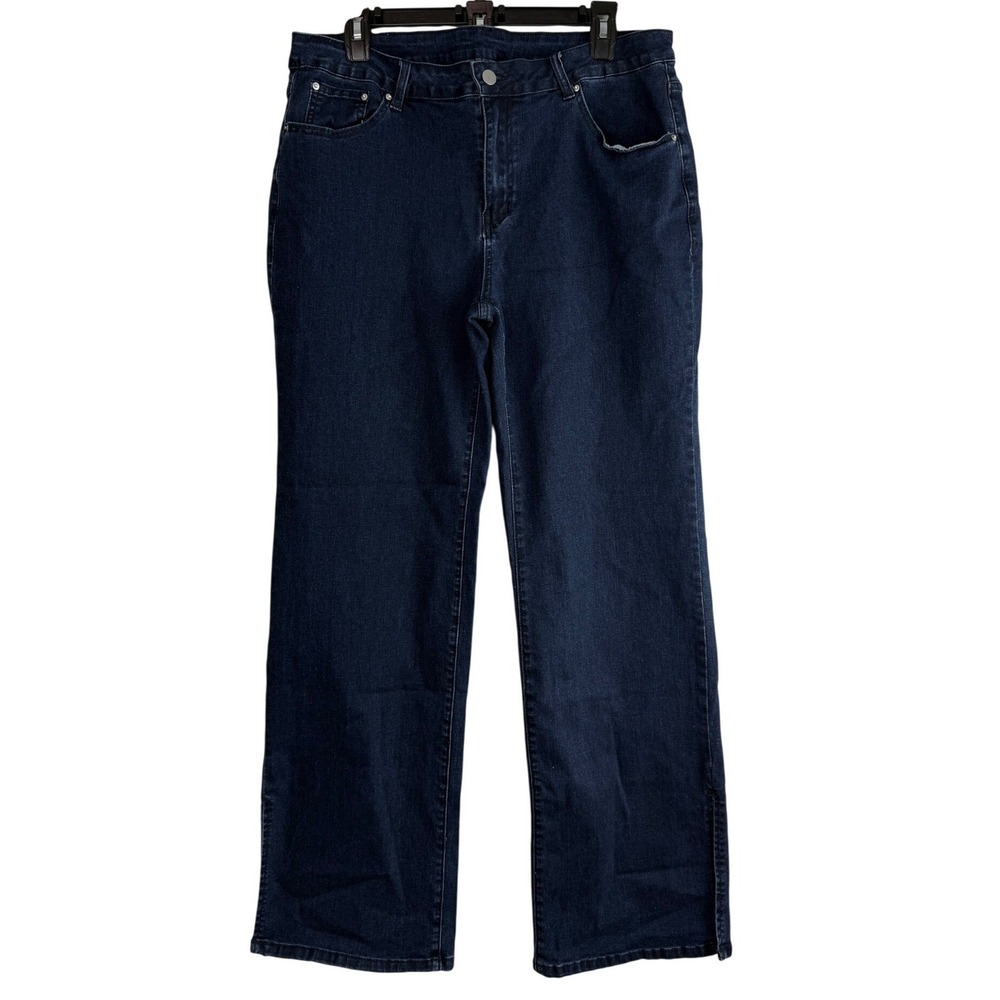 High Rise Wide Leg Side Slit Jeans Dark Wash Indigo Stretch Size 16‎ EUC Denim